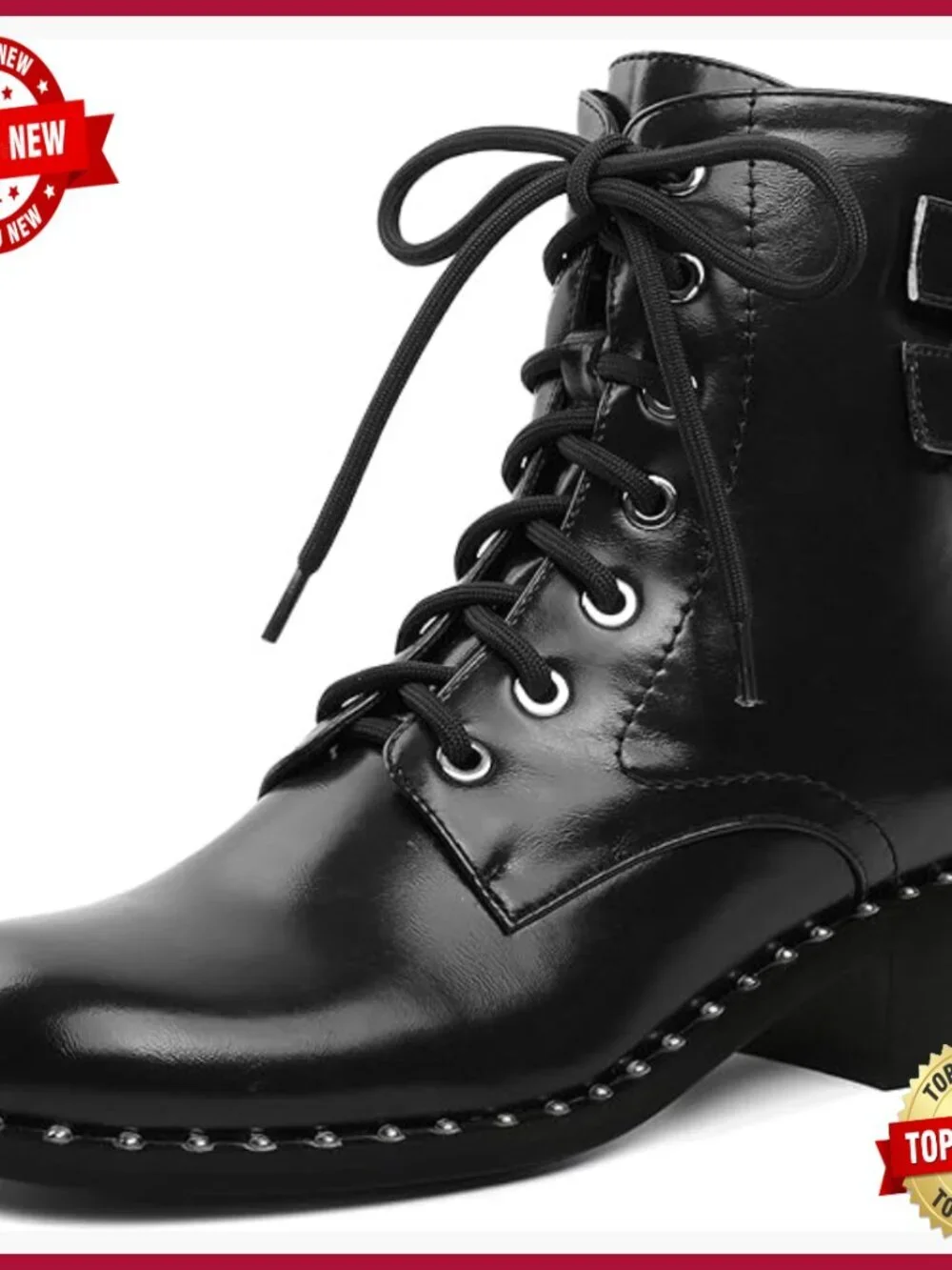 Lace Up Combat Ankle Boots Chunky Low Block Heel Studded